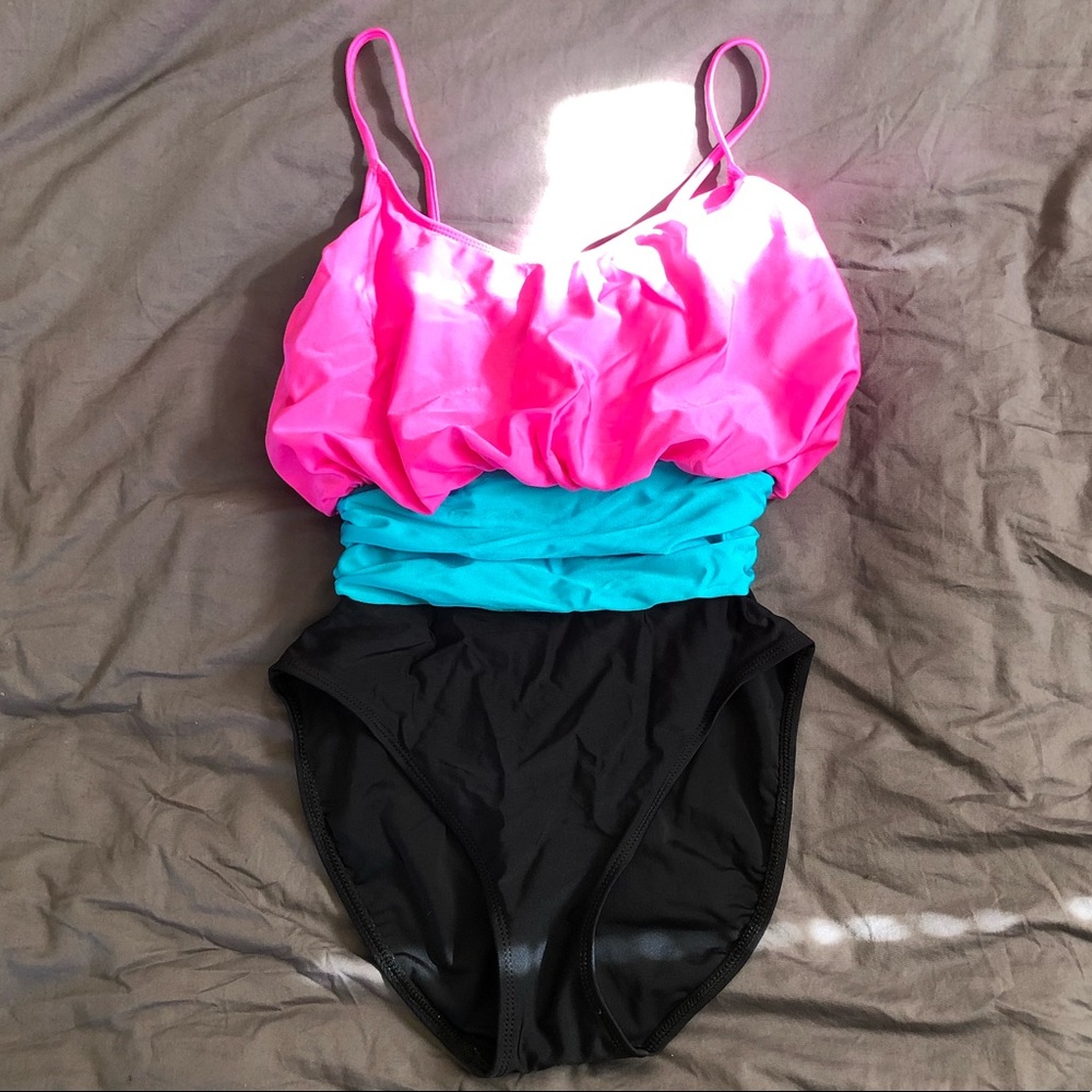 Vintage 80’s Cole of California High Cut One Piece ruched color Blocked Swimsuit